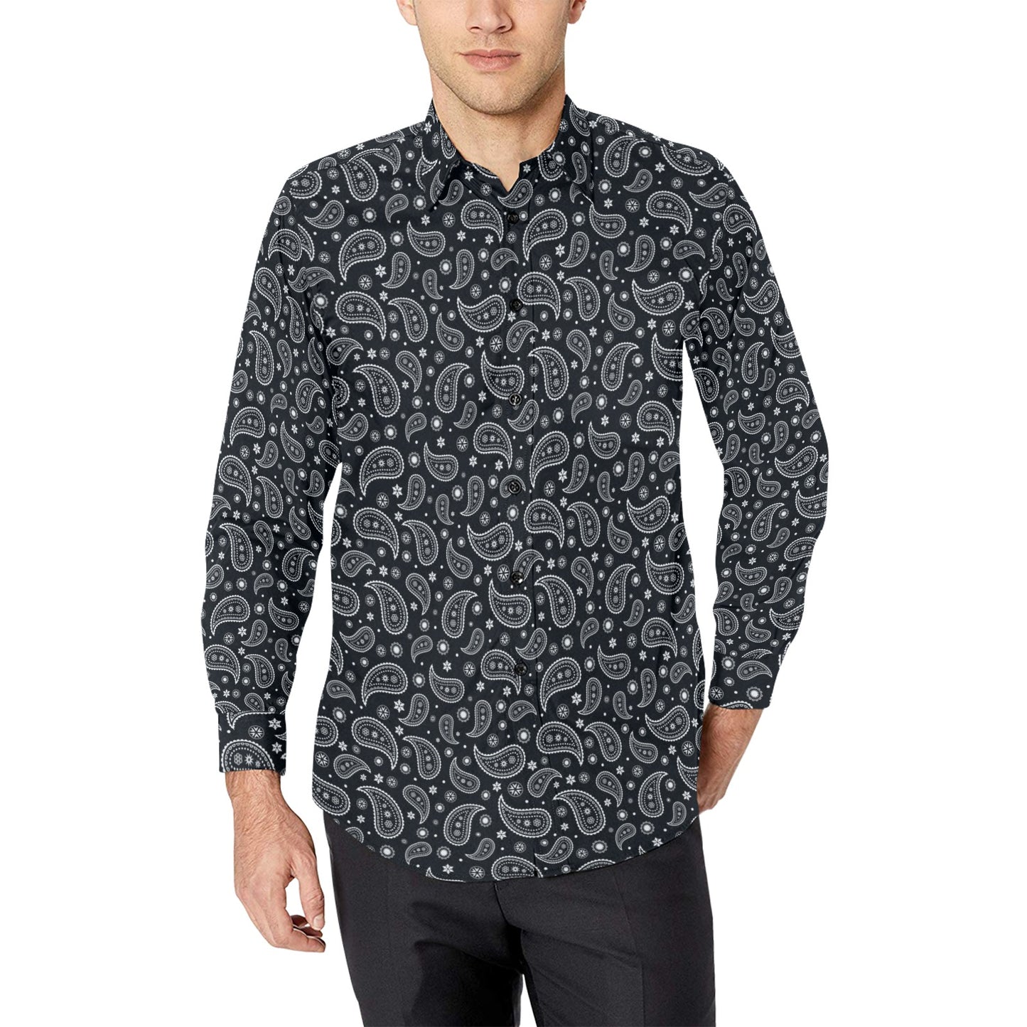 Paisley Men Button Up Shirt, Black White Bandana Long Sleeve Pattern P – Starcove Fashion