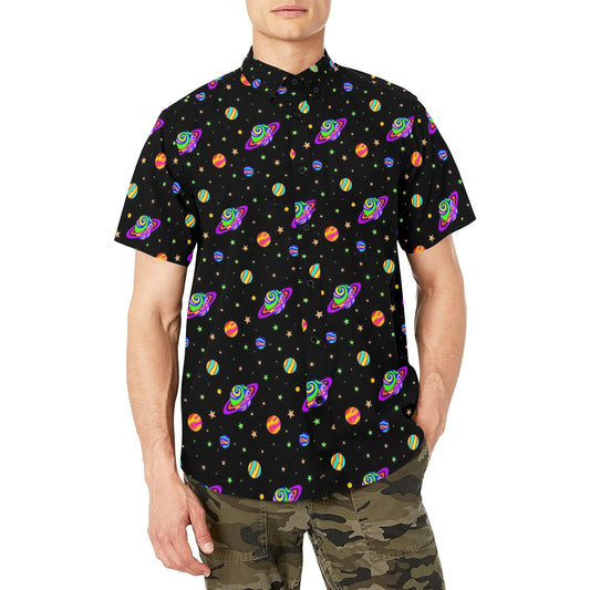 Planets Men Button Down Shirt Chest Pocket, Funky Trippy Space Stars Universe Short Sleeve Casual Print Buttoned Up Collar Dress Shirt