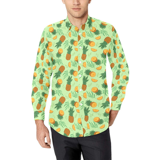 Pineapple Long Sleeve Men Button Up Shirt, Green Summer Fruit Print Buttoned Collared Casual Dress Shirt with Chest Pocket Guys Male