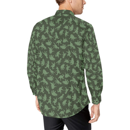 Dinosaurs Long Sleeve Men Button Up Shirt, Dino Green Print Buttoned Collar Casual Shirt with Chest Pocket
