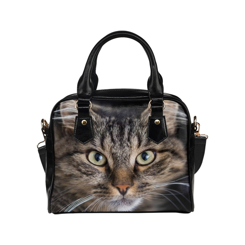 Cute Cat Purse, Animal Kitten Realistic Kitty Black Print Small Shoulder Bag Vegan Leather Women Designer Handbag Ladies Crossbody