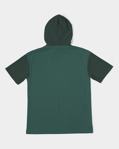 Green Short Sleeve Hoodie Mens, Color Block Pine Green Pullover Unisex Summer Beach Hooded Sweatshirt with Pockets Starcove Fashion