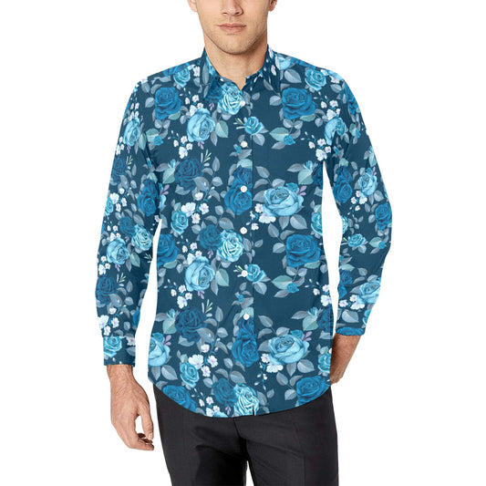 Blue Flowers Long Sleeve Men Button Up Shirt, Floral Print Casual Buttoned Hawaiian Collared Designer Dress Shirt with Chest Pocket Starcove Fashion