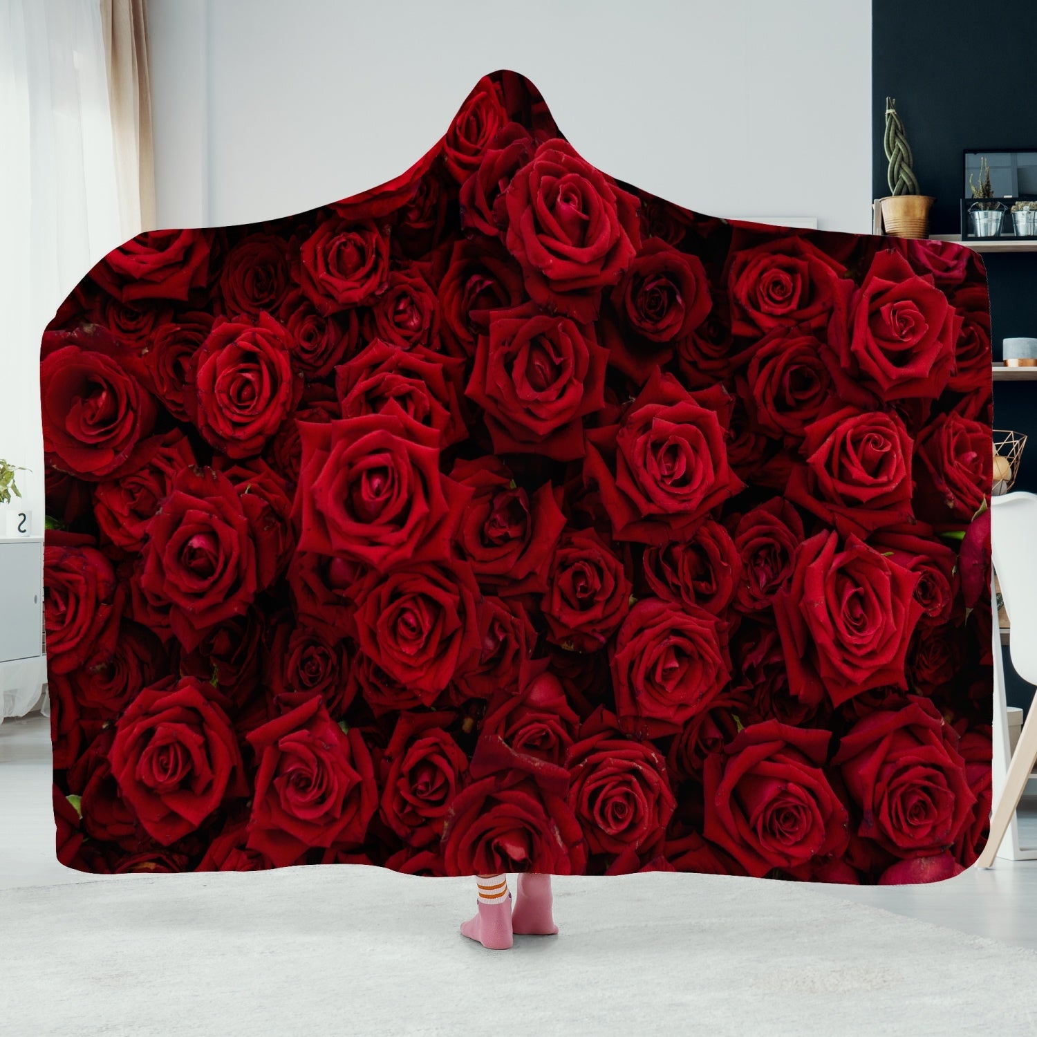 Red Roses Hooded Blanket, Flowers Sherpa Fleece Soft Fluffy Warm Adult Men Women Kids Large Wearable Hood Valentine's Day Gift Starcove Fashion
