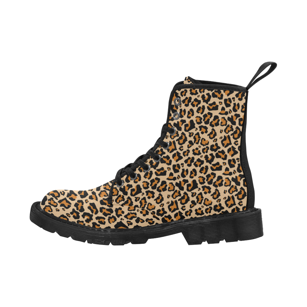 Leopard Women's Boots, Animal Print Vegan Canvas Lace Up Shoes, Black Brown Cheetah Print Army Ankle Combat, Winter Casual Custom Gift Starcove Fashion