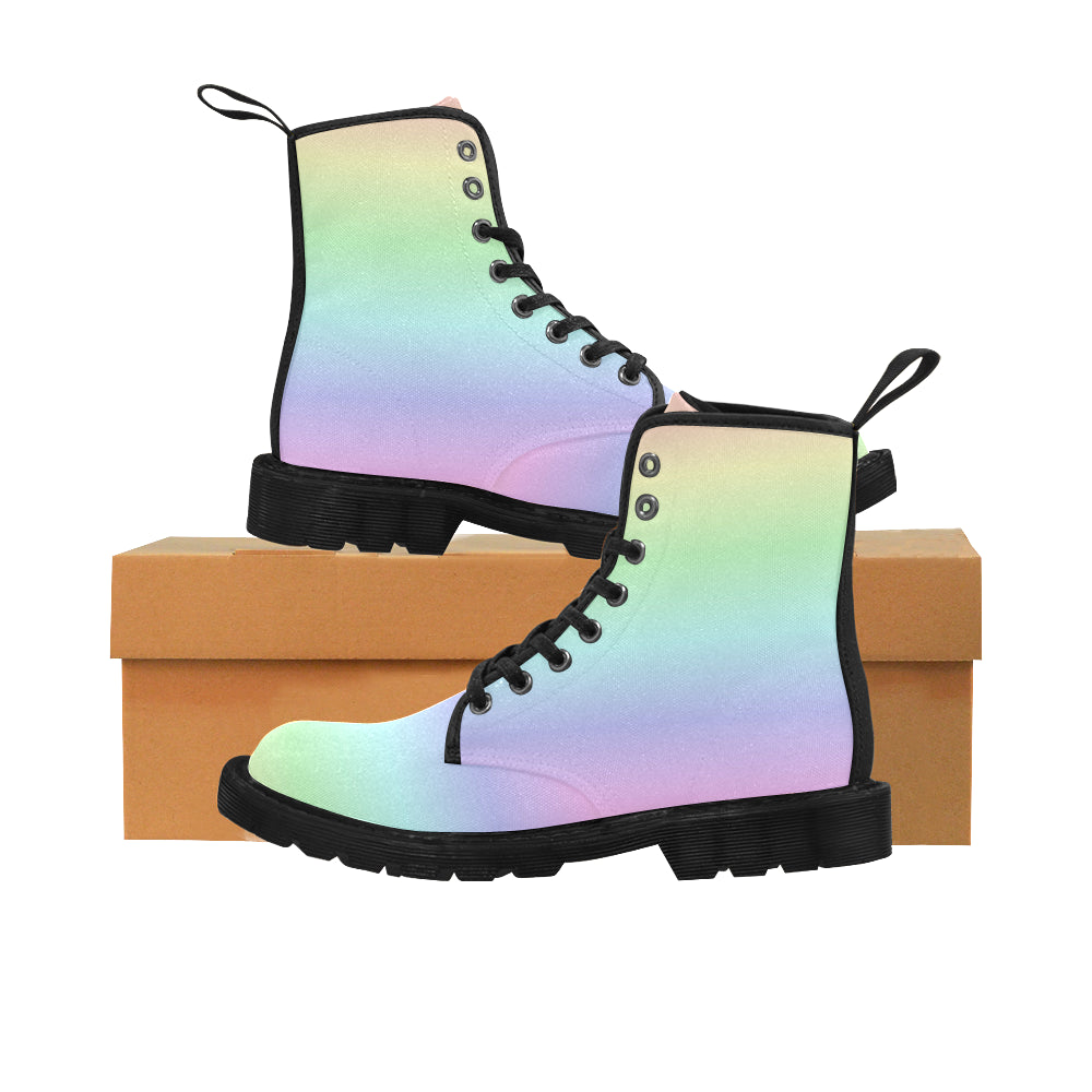 Pastel Rainbow Women's Boots, Gradient Ombre Pink Vegan Canvas Lace Up Shoes, Print Army Ankle Combat, Winter Casual Custom Gift Starcove Fashion