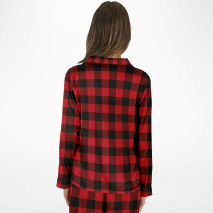 Buffalo Plaid Satin Women Pajama Set, Red Black Check Christmas Long Sleeve  Pants Shirt Top Soft Designer PJs