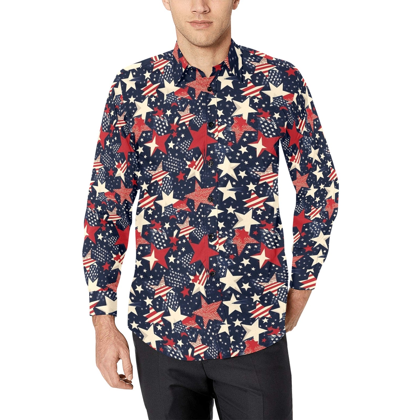 American Stars Long Sleeve Men Button Up Shirt, Patriotic USA Flag Red White Blue Print Buttoned Collar Casual Dress Shirt with Chest Pocket XS