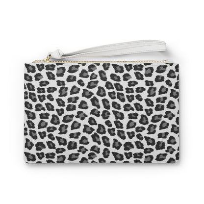 Snow Leopard Clutch Wristlet Purse, Black White Animal Print Vegan Leather Pockets Zipper Evening Modern Bag Strap Wallet Women Starcove Fashion