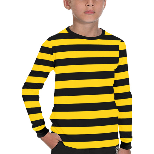 Black and Yellow Striped Kids Long Sleeve Tshirt, Unisex Boys Girls Horizontal Stripes Designer Graphic Aesthetic Printed Crew Neck Tee Top