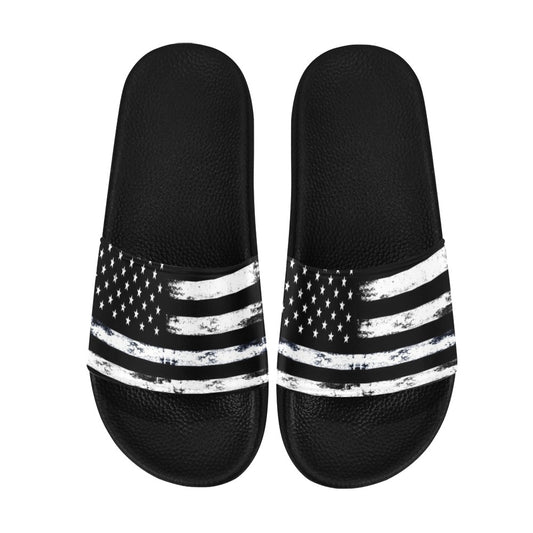 Patriotic Women Slides Sandals, American Flag Shoes Black White Distressed Stars Stripes USA 4th of July Flip Flops Slip On Vegan Slippers