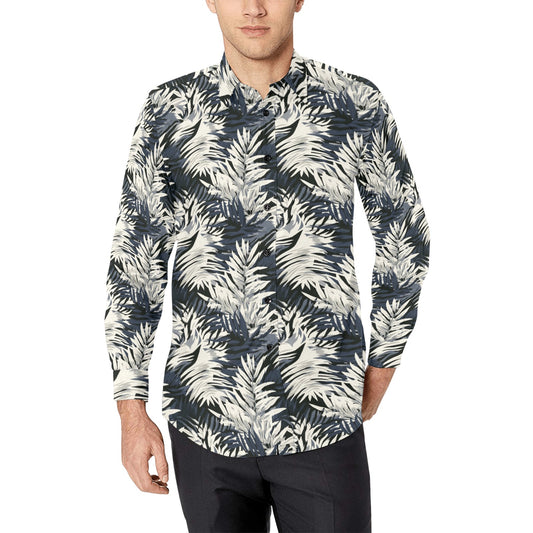 Tropical Leaves Long Sleeve Men Button Up Shirt, Black White Palm Summer Print Dress Buttoned Collar Casual Dress Shirt with Chest Pocket