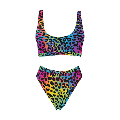 Rainbow Leopard Print Bikini Set, Animal Cheetah High Waisted Bikini Cheeky Bottom Sexy Swimsuit Swimwear Plus Size Bathing Suit Two Piece Starcove Fashion