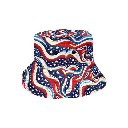 American Flag Bucket Hat, Red White Blue 4th of July USA Patriotic Stars Stripes Summer Festival Women Men Designer Sun Shade Twill