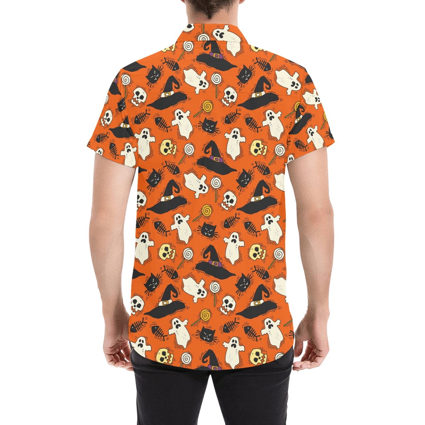 Halloween Short Sleeve Men Button Up Shirt, Spooky Orange Cats Ghosts Print Casual Buttoned Down Summer Dress Shirt Gift Husband