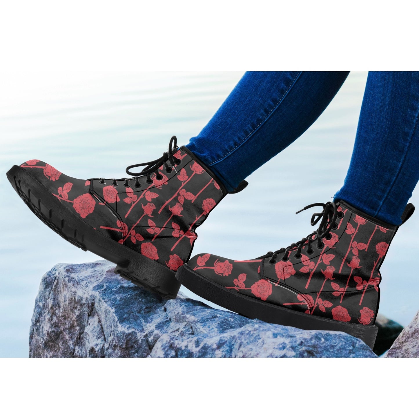 Red Roses Women Vegan Leather Boots, Vegan Lace Up Shoes Hiking Festival Black Ankle Combat Work Winter Waterproof Custom Gift Starcove Fashion