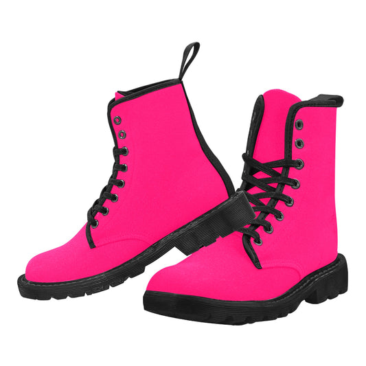 Hot Pink Women's Combat Boots, Vegan Canvas Lace Up Shoes Print Army Ankle Combat Winter Designer Casual Custom Gift Starcove Fashion