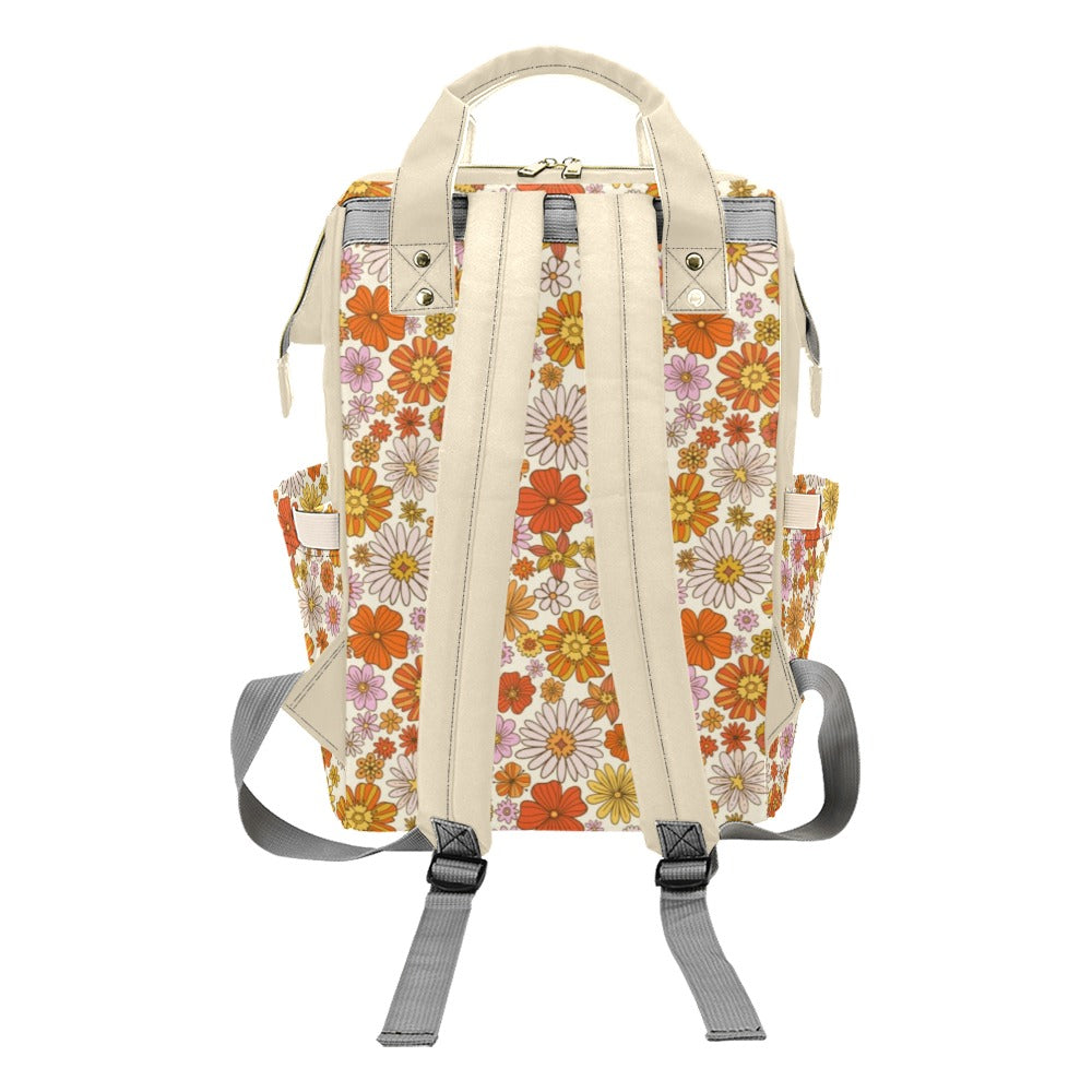 Retro Floral Diaper Bag Backpack, Pink Flowers Groovy 70s Baby Girl Waterproof Insulated Pockets Stylish Mom Designer Men Women Multipurpose Starcove Fashion
