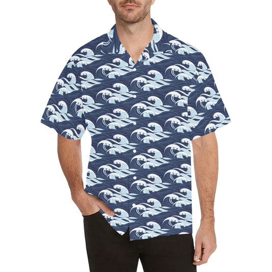 Wavy Men Hawaiian shirt, Japanese Wave Tropical Blue Print Vintage Retro Summer Hawaii Aloha Beach Plus Size Cool Button Up Shirt
