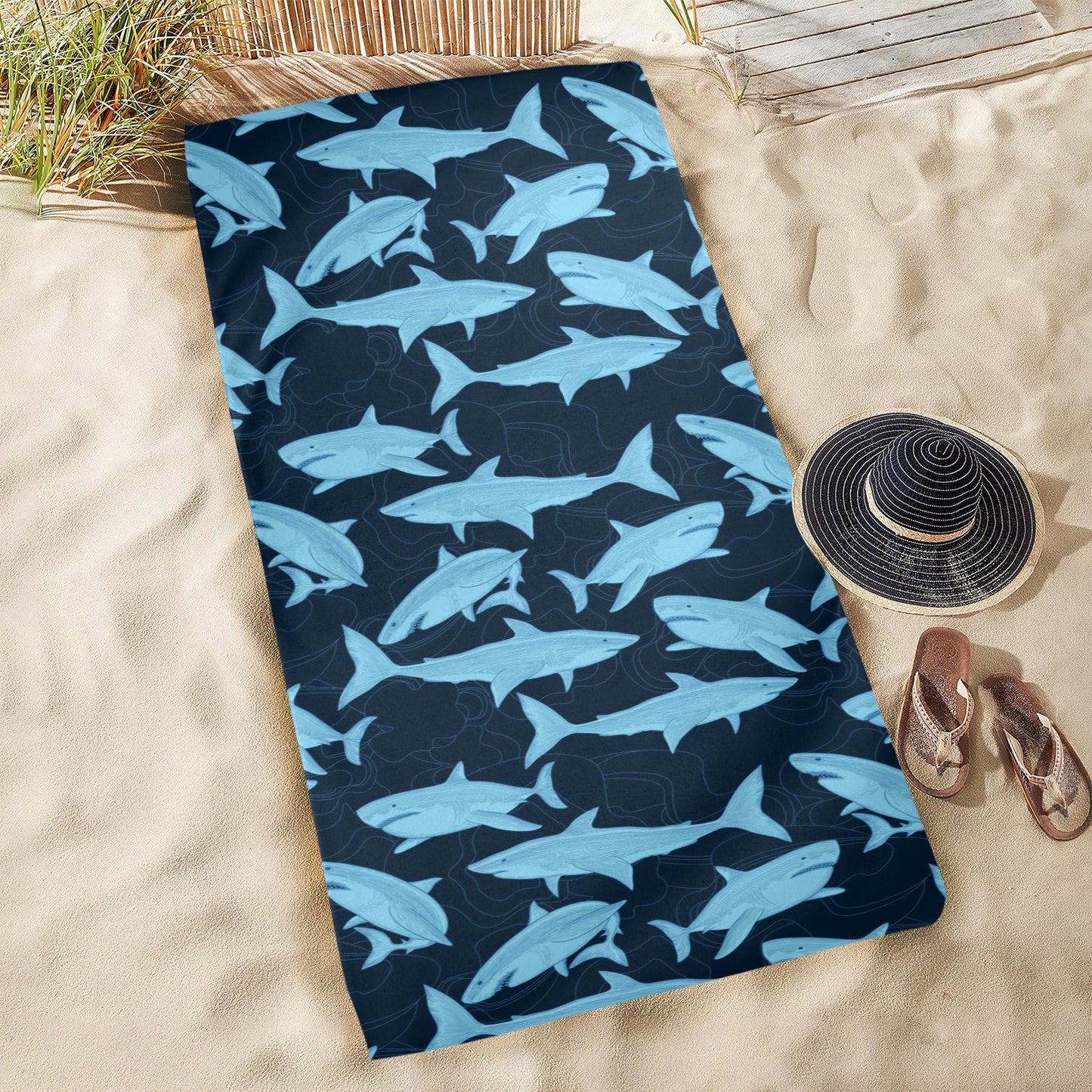 Great White Shark Oversized Beach Towel, Ocean Sea Navy Blue Pool Microfiber Extra Large Swim Quick Dry Surf Designer Men Women XL Cotton