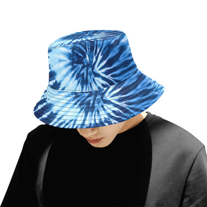 Blue Tie Dye Bucket Hat, Retro Vintage Summer Festival Cute Women Men Designer Beach Sun Shade Y2K Cotton Twill