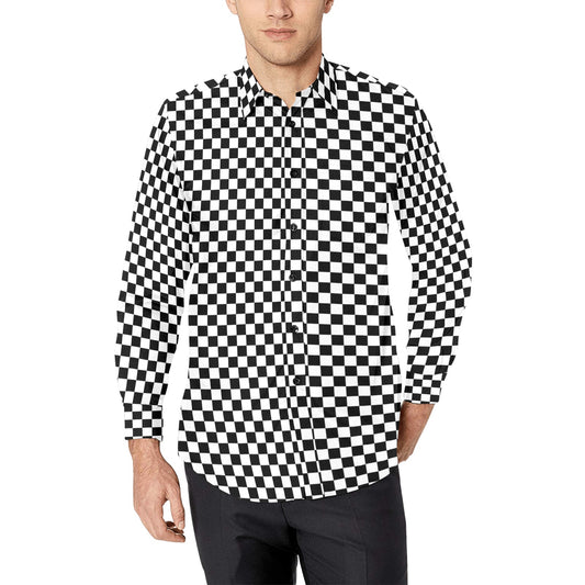 Checkered Long Sleeve Men Button Up Shirt, Check Black White Racing Print Dress Buttoned Collar Dress Shirt with Chest Pocket Starcove Fashion