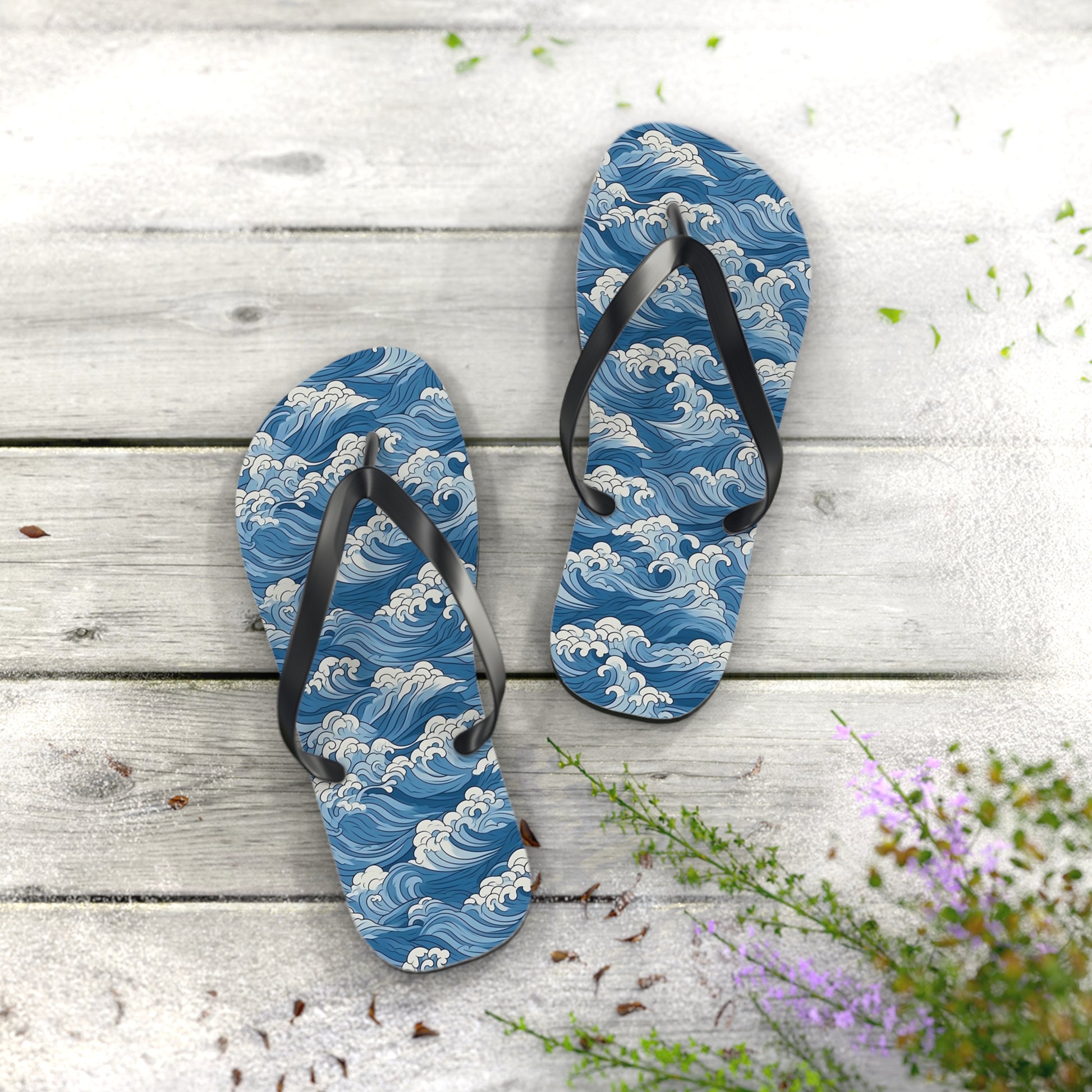 Sea Waves Flip Flops, Japanese Blue Comfortable Thong Sandals Summer Woman Men Ladies Beach Print Rubber Slip On Shoes Starcove Fashion