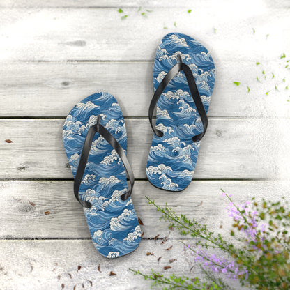 Sea Waves Flip Flops, Japanese Blue Comfortable Thong Sandals Summer Woman Men Ladies Beach Print Rubber Slip On Shoes