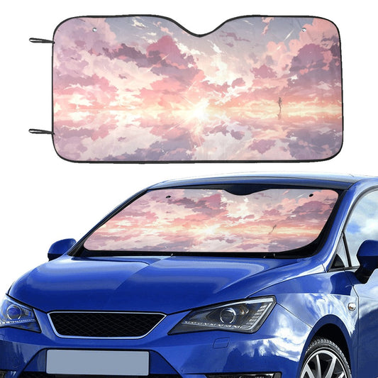 Pink Anime Sky Car Sun Shade, Sun Sunset Sunrise Universal Windshield Car Accessories Auto Protector Window Visor Screen Decor 55" x 29.53"