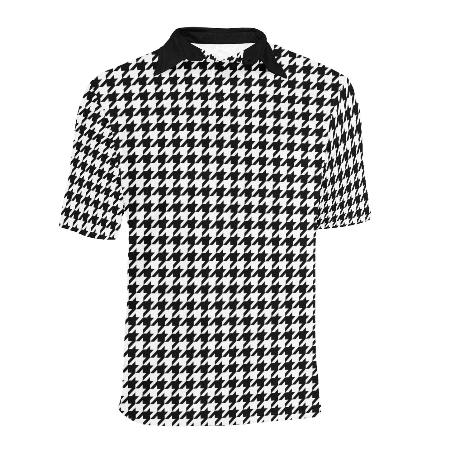 Houndstooth Men Polo Collared Shirt, Vintage Black White Pattern Casual Summer Buttoned Down Up Shirt Short Sleeve Sports Golf Tee