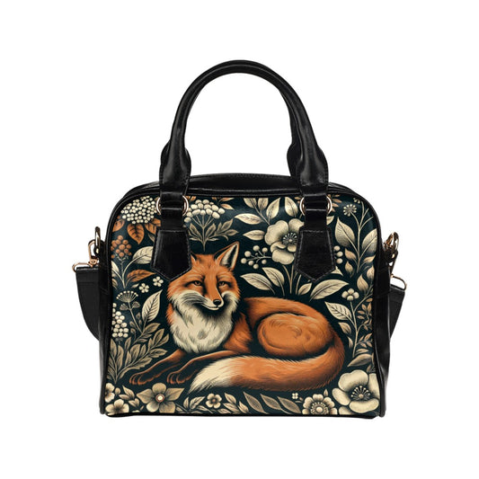 Fox Purse, Red Animal Print Floral Forest Pattern Cute Small Shoulder Bag Vegan Leather Women Ladies Designer Handbag Crossbody