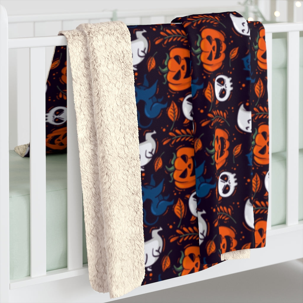 Halloween Sherpa Fleece Blanket, Black Orange Pumpkins Ghosts Spooky Throw Adult Kids Blanket Fall Decor Gift Starcove Fashion