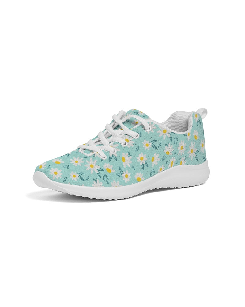 White Daisy Women Athletic Sneakers, Flower Green Lace Up Breathable Shoe Canvas Print Designer Starcove Fashion