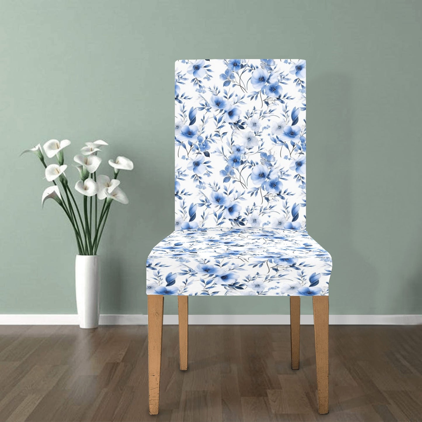 Blue Floral Dining Chair Seat Covers, White Flowers Watercolor Stretch Slipcover Furniture Dining Kitchen Room Stool Home Decor