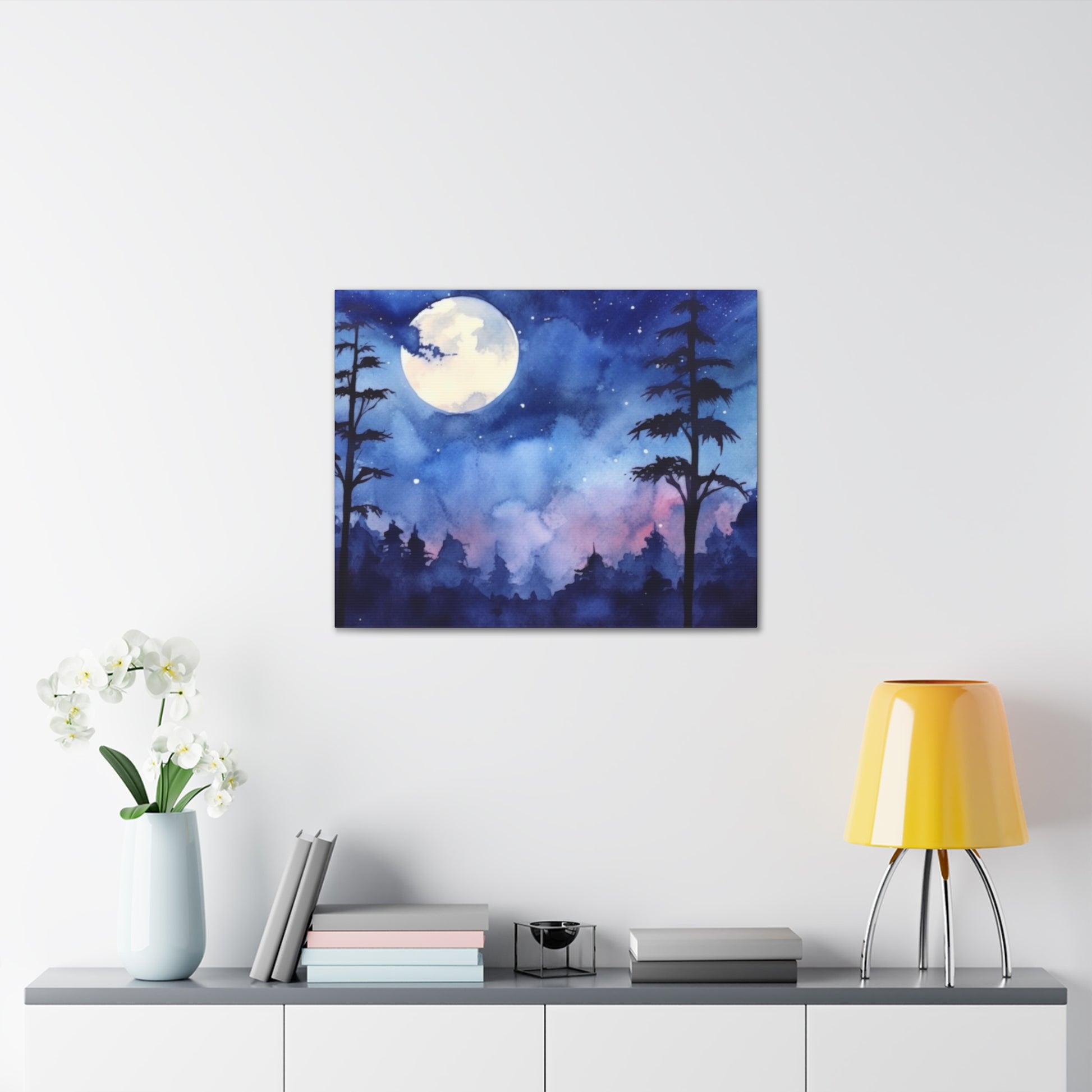 Night Sky Canvas Gallery Wrap, Full Moon Watercolor Wall Art Print Decor Small Large Hanging Modern Landscape Living Room Starcove Fashion