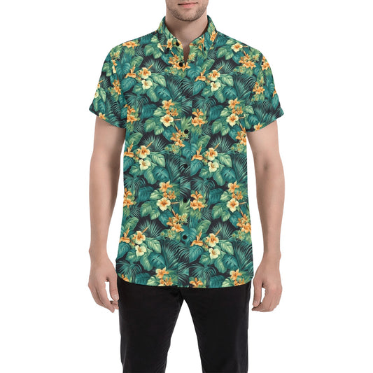 Tropical Leaves Short Sleeve Men Button Up Shirt, Green Yellow Flowers Print Casual Buttoned Down Summer Casual Dress Plus Size Collared