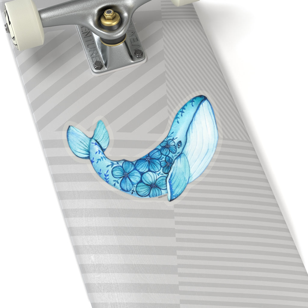 Blue Humpback Whale Sticker, Flowers Watercolor Laptop Decal Vinyl Cute  Waterbottle Tumbler Car Bumper Aesthetic Label Wall Mural