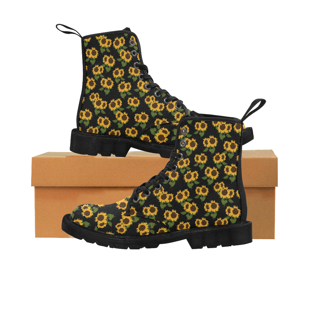 Sunflower Women's Boots, Floral Vegan Canvas Lace Up Shoes, Yellow Flower Print Black Ankle Combat, Casual Custom Gift Starcove Fashion