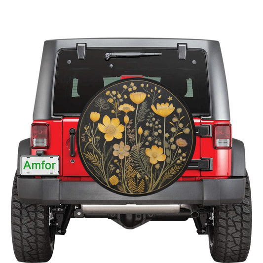 Yellow Flowers Spare Tire Cover, Faux Embroidery Printed Floral Wheel Accessories Unique Design Backup Camera Hole Trailer Back Women RV