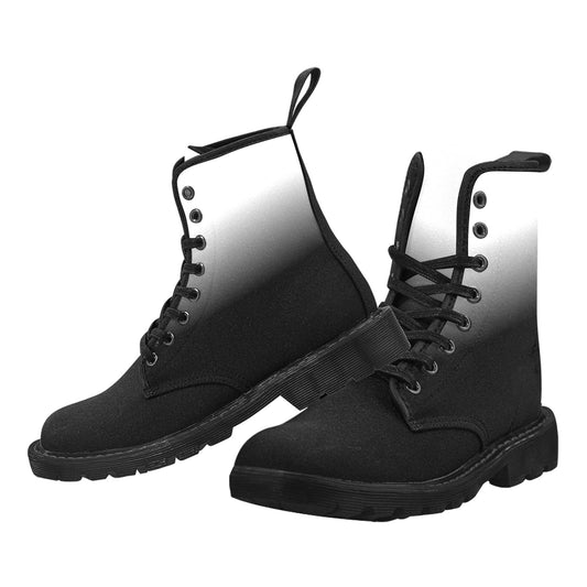 Black White Ombre Women's Boots, Gradient Dip Tie Dye Vegan Canvas Lace Up Shoes Print Army Ankle Combat Winter Casual Custom Gift Starcove Fashion