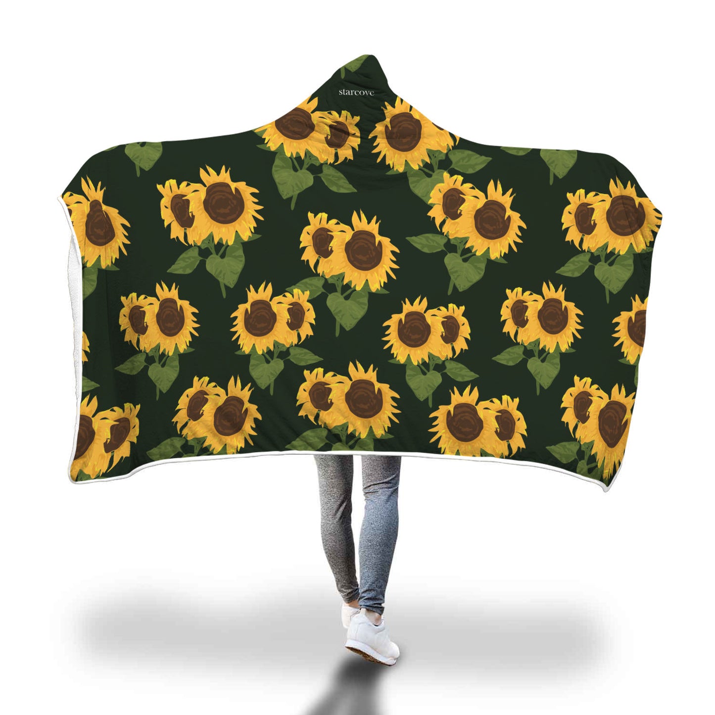 Sunflower Hooded Fleece Blanket, Floral Black Soft Cozy Fluffy Sherpa Interior, Adult Kids Wearable Cloak Wrap Winter Gift Starcove Fashion