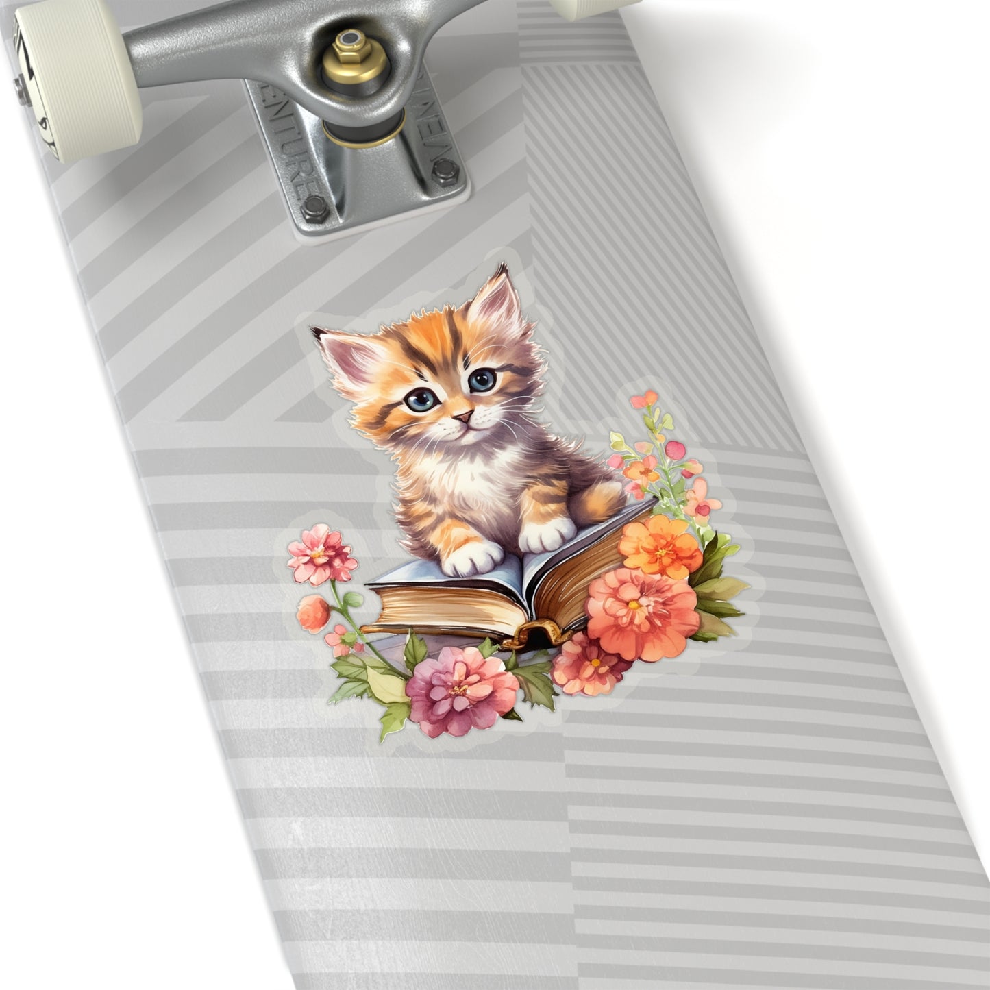 Cat on Books Sticker, Kitten Floral Flowers Reading Art Laptop Decal Vinyl Cute Waterbottle Tumbler Car Waterproof Wall Clear