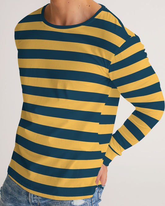 Blue and Yellow Stripes Men Long Sleeve Tshirt, Wide Striped Unisex Women Designer Graphic Aesthetic Crew Neck Tee