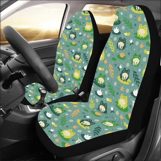 Frog Car Seat Covers for Vehicle 2 pc Set, Animal Print Kawaii Green Pattern Front Seat SUV Gift Women Protector Accessory Decoration