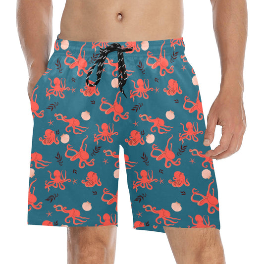 Octopus Men Swim Trunks, Ocean Sea Print Mid Length Shorts Beach Pockets Mesh Linen Drawstring Boys Casual Bathing Swimsuit Summer Plus Size