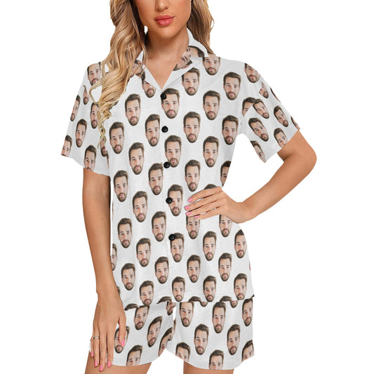 Custom Face Pajamas Set, Personalized Photo Sleepwear Short Sleeve Sleep Shirt Shorts Night Plus Size Summer Bachelorette Bride Couple PJs