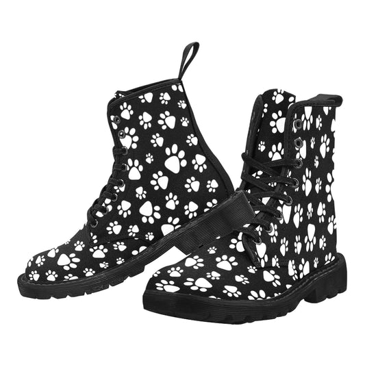 Paw Print Women's Boots, Pet Dog Cat Black White Vegan Canvas Lace Up Ladies Shoes Print Army Ankle Combat Winter Casual Custom Gift