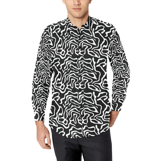 Black White Men Button Up Shirt, Abstract Animal Print Art Long Sleeve Guys Male Buttoned Collar Casual Dress Shirt with Chest Pocket