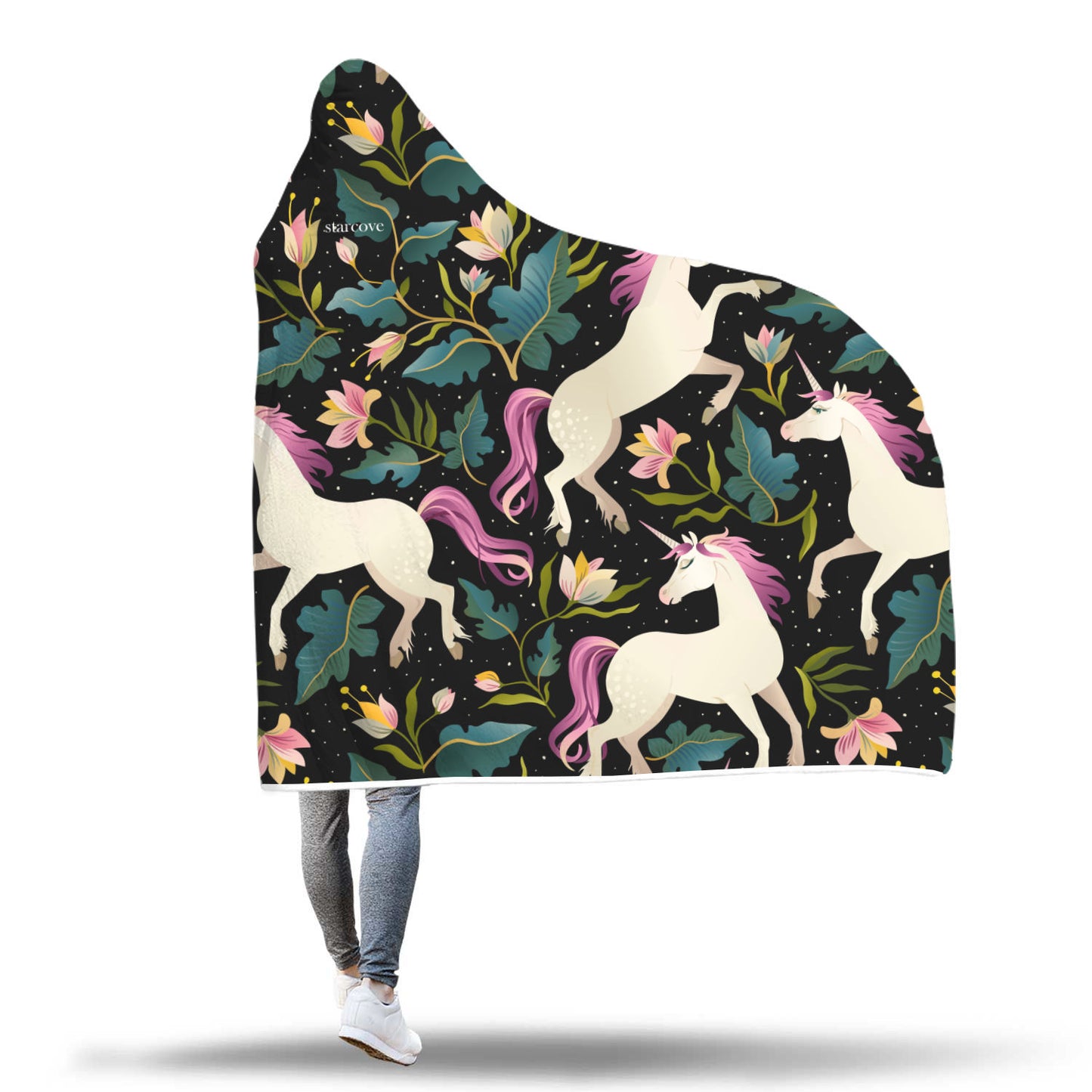 Unicorn Hooded Fleece Blanket with Soft Cozy Fluffy Sherpa Interior, Black Floral Adult Kids Wearable Cloak Wrap Winter Throw Gift Starcove Fashion