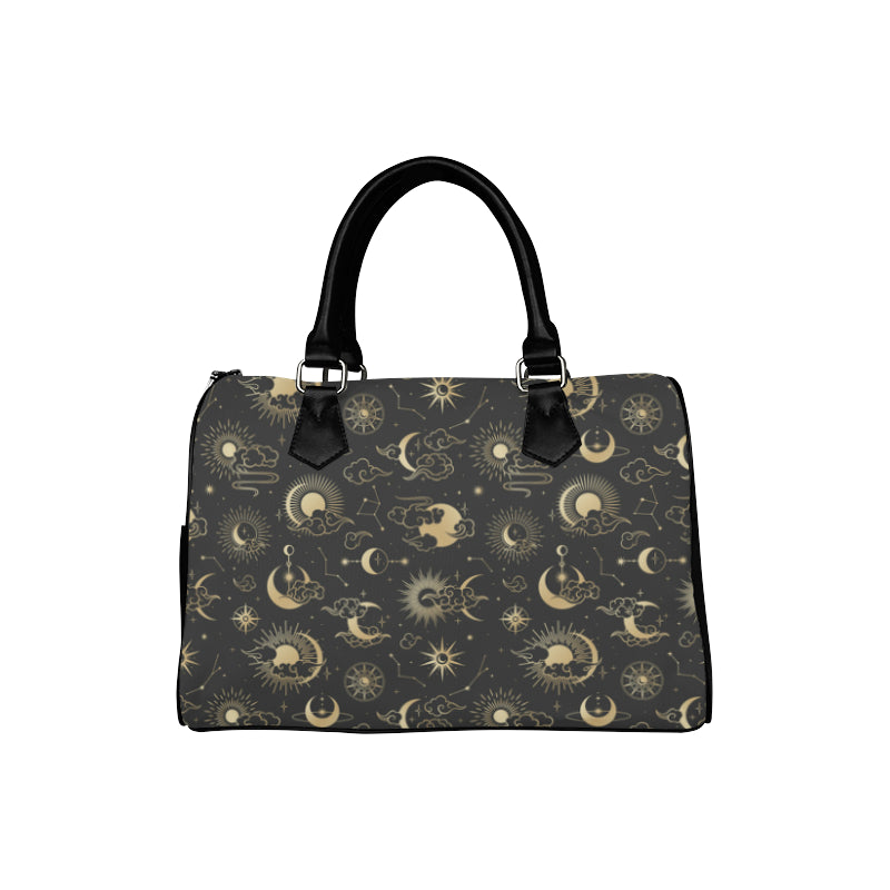 Sun Moon Purse, Celestial Stars Black Gold Art Print Shoulder Handbag Canvas and Leather Boston Barrel Type Boho Designer Accessory Bag Gift Starcove Fashion